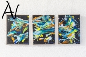 Triptychon Abstract Action Painting auf Schwarz No.VIII